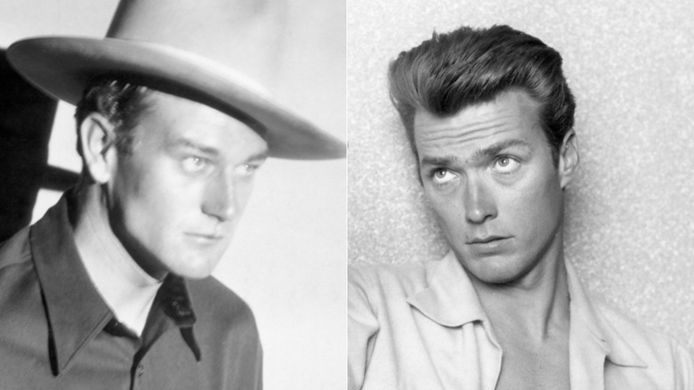 Split image of John Wayne and Clint Eastwood in black-and-white promotional shots.