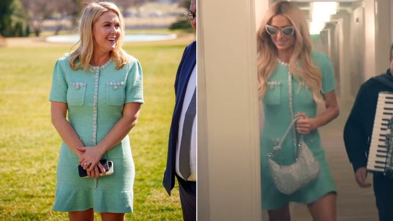 Split images of Karoline Leavitt and Paris Hilton wearing the same minidress