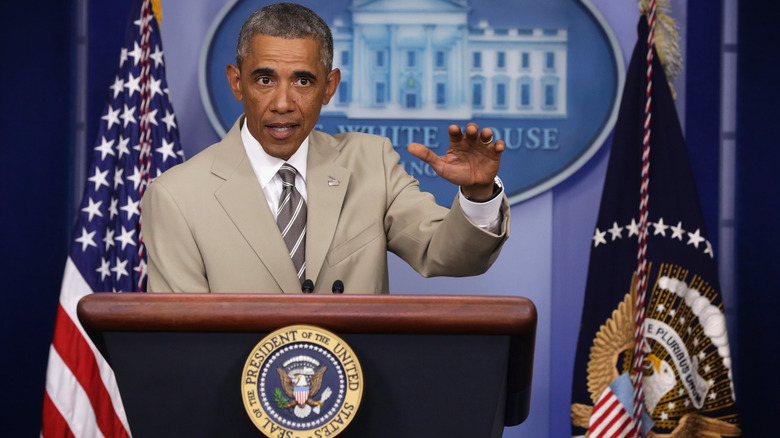 Barack Obama wearing tan suit
