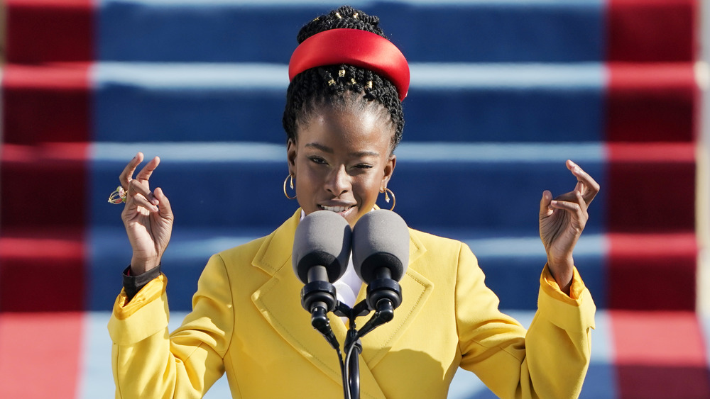 Amanda Gorman reciting a poem at Joe Biden inauguration