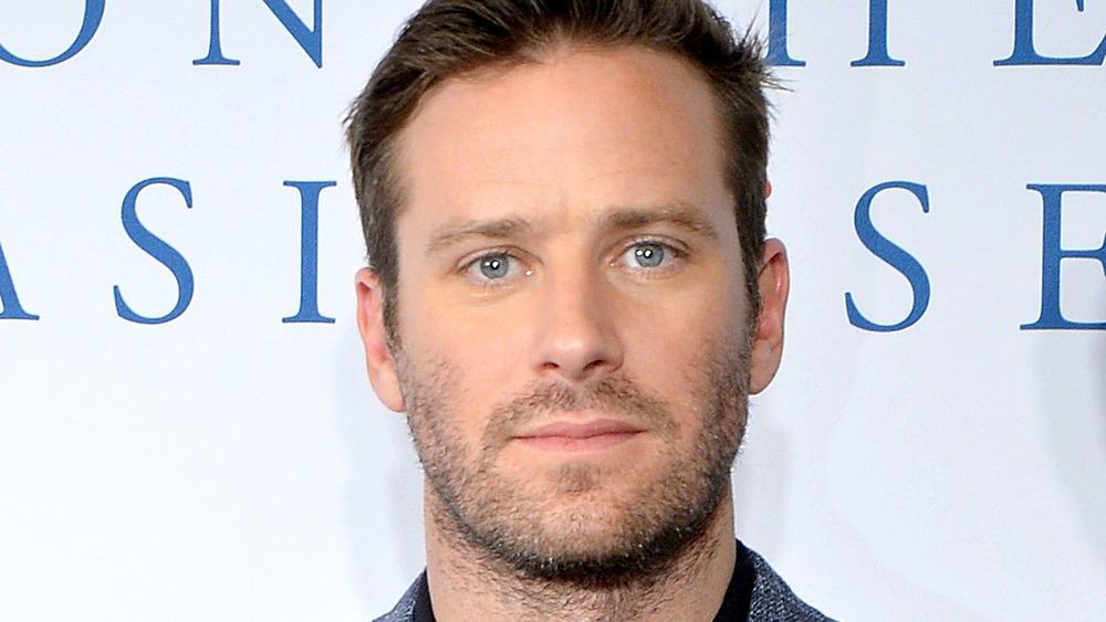 Armie Hammer poses in a gray suit