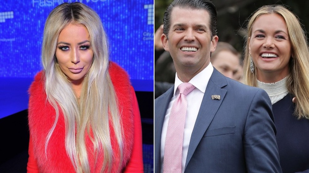 Left: Aubrey O'Day looking at camera; Right: Donald Trump Jr. and Vanessa Trump laughing