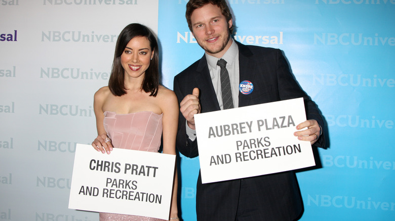Aubrey Plaza and Chris Pratt smiling