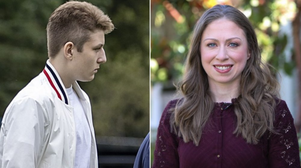 Split image of Barron Trump's profile and Chelsea Clinton smiling