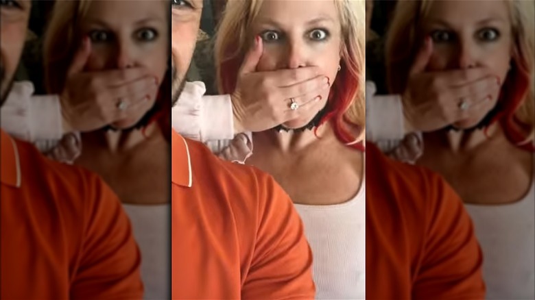 Britney Spears with surprised expression and new engagement ring
