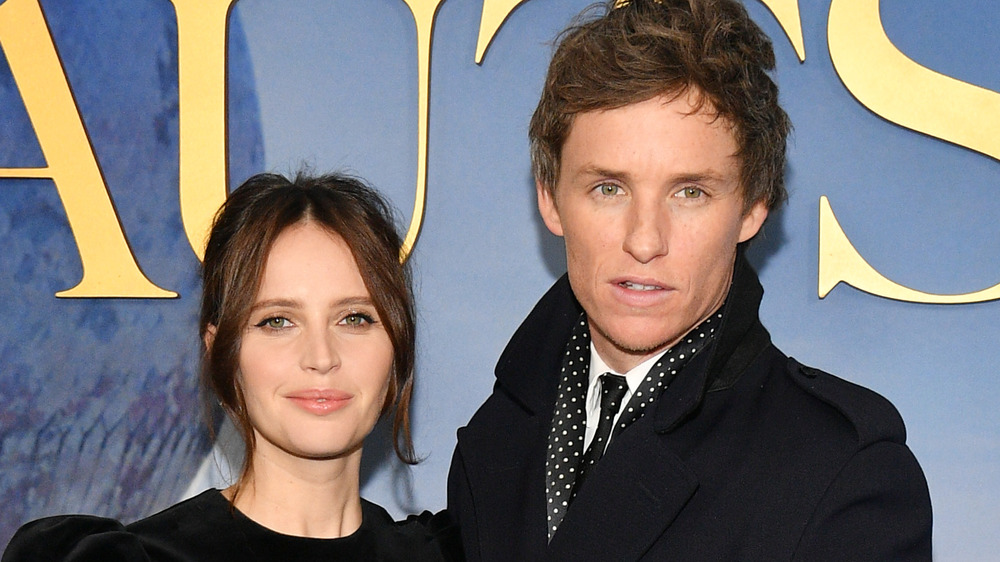 Felicity Jones and Eddie Redmyane posing on the red carpet