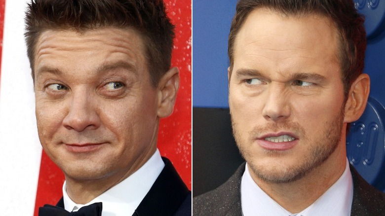 Jeremy Renner looking to side, Chris Pratt grimacing