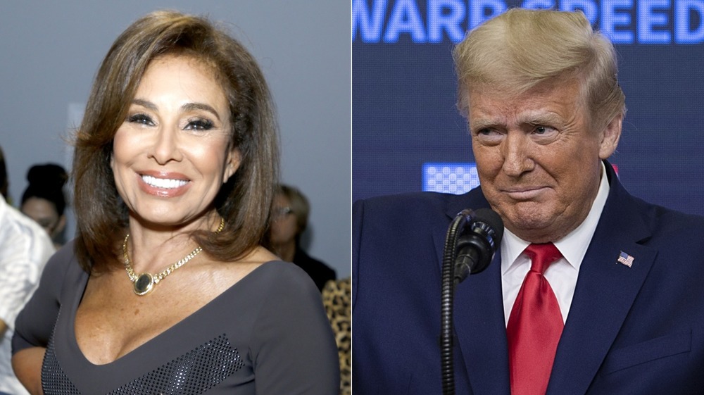 Jeanine Pirro smiling, Donald Trump with a worried expression