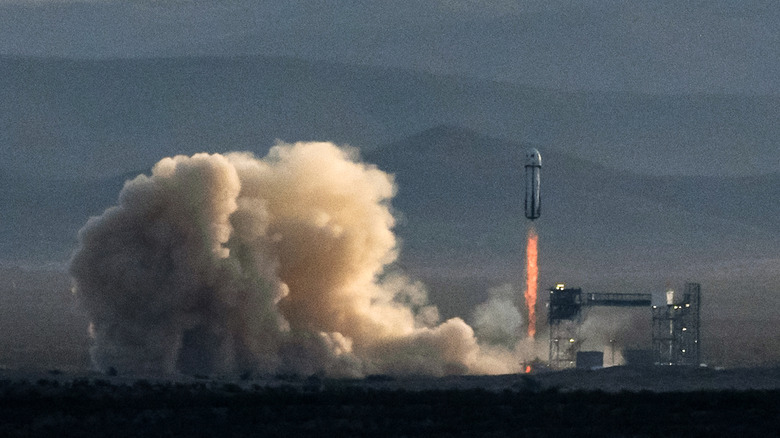 The Blue Origin's New Shepard rocket carrying astronauts Aisha Bowe, Amanda Nguyn, Kerianne Flynn, Gayle King, Katy Perry, and Lauren Sánchez Bezos