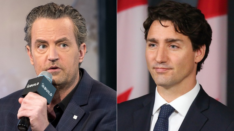 Matthew Perry speaking, Justin Trudeau posing