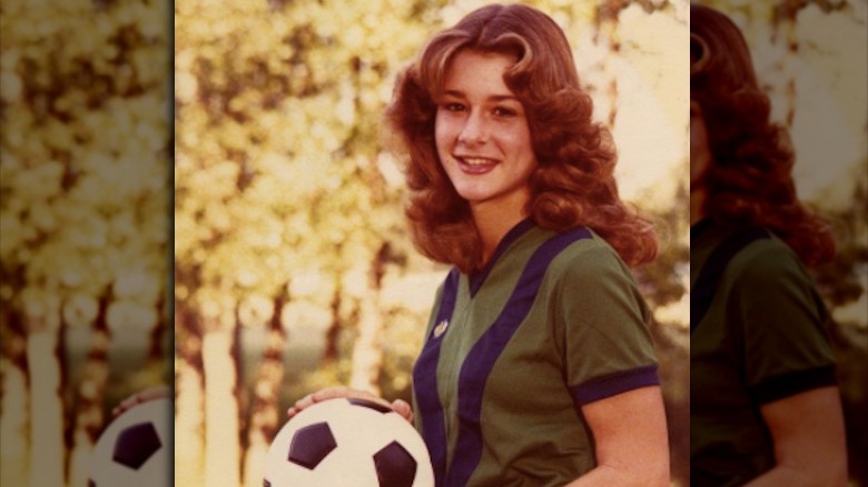 Melinda Gates posing with soccer ball