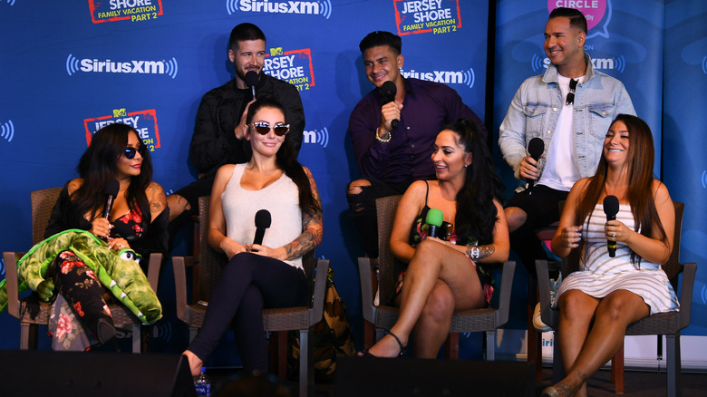 Jenny McCarthy, Mike 'The Situation' Sorrentino, Paul DelVecchio aka Pauly D, Nicole 'Snooki' Polizzi, Vinny Guadagnino, Jenni Farley aka JWoww, Angelina Pivarnick and Deena Nicole Cortese attend Jenny McCarthy's 'Inner Circle' Series On Her SiriusXM Show 'The Jenny McCarthy Show' With The Cast Of MTV's Jersey Shore Family Reunion Part 2 