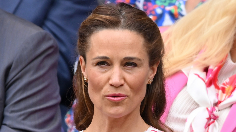 Pippa Middleton sitting court-side during the men's final on day fourteen of the Wimbledon Tennis Championships at the All England Lawn Tennis and Croquet Club