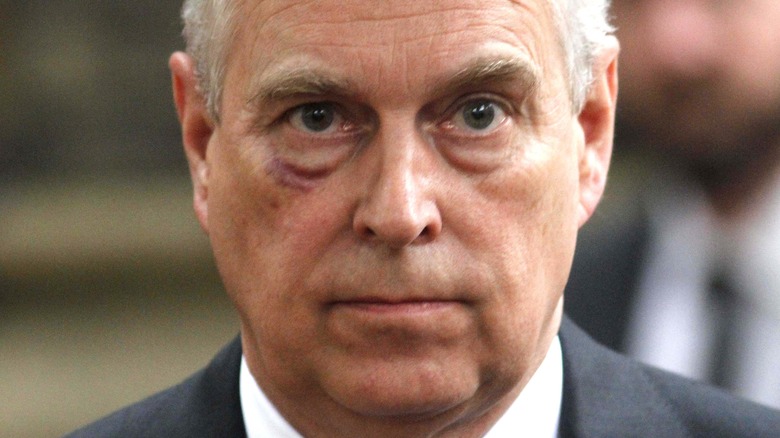 Prince Andrew leaving the funeral service of Patricia Knatchbull,