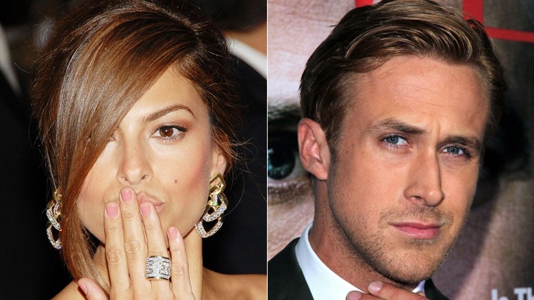Eva Mendes blowing a kiss, Ryan Gosling posing