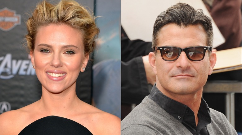 Scarlett Johansson smiling, Nate Naylor wearing sunglasses