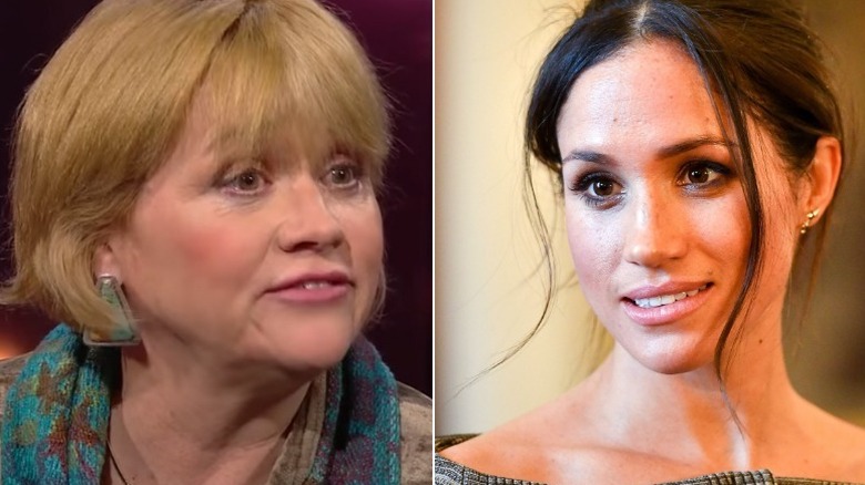 Samantha Grant during an RTE interview (left) and Meghan Markle smiling (right)