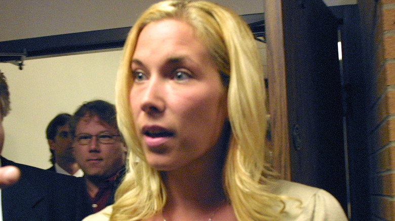Kim Mathers with a serious expression