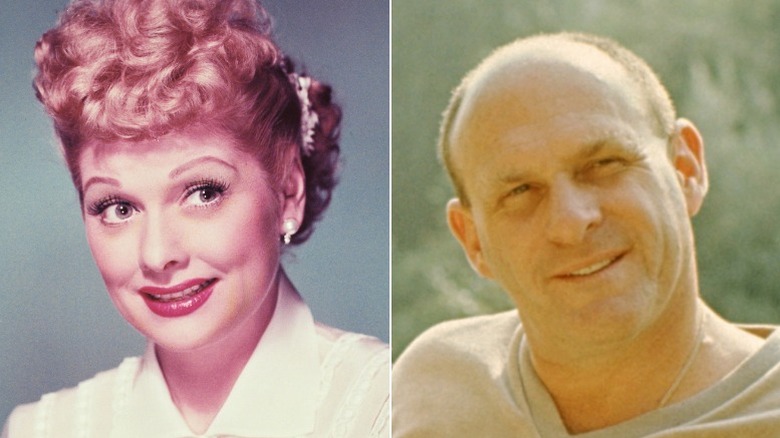 Split image of Lucille Ball smiling in a studio and William Asher smiling outdoors