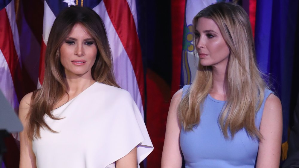 Melania Trump and Ivanka Trump stand on stage during Republican president-elect Donald Trump's election night event at the New York Hilton Midtown