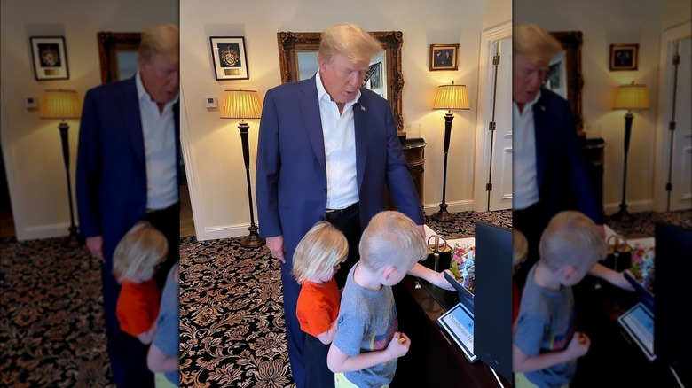 Donald, Carolina, and Luke Trump looking at candy bowl