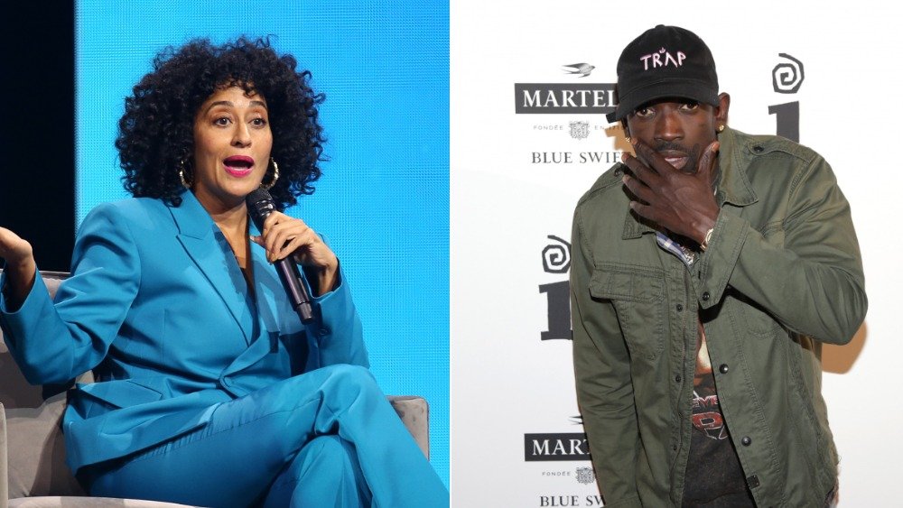 Split image of Tracee Ellis Ross sitting and speaking in a blue suit, Bu Thiam in a green jacket and black hat with a surprised expression