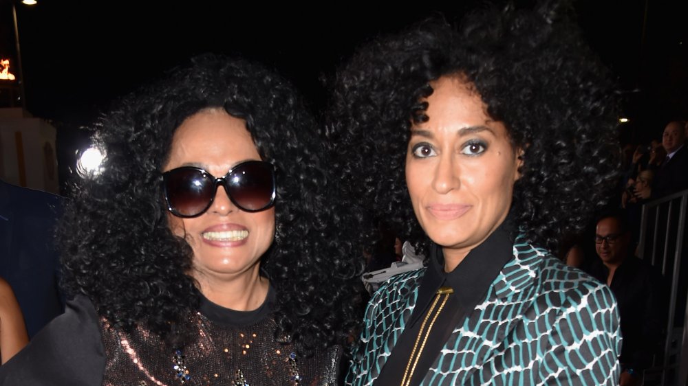 Diana Ross smiling in a black outfit and sunglasses, Tracee Ellis Ross with a serious expression in a green-and-black blazer