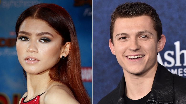 Zendaya posing Tom Holland smiling