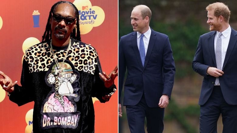 Split image of Snoop Dogg, Prince William and Prince Harry