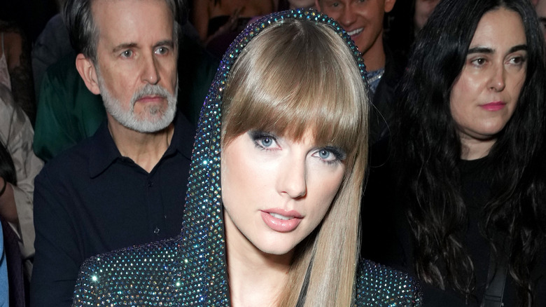 Taylor Swift wearing sparkly hood
