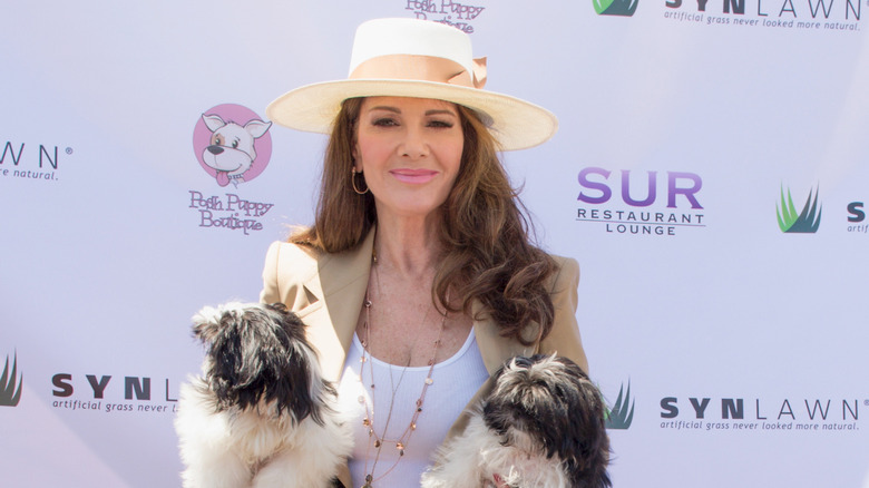Lisa Vanderpump posing on red carpet with dogs