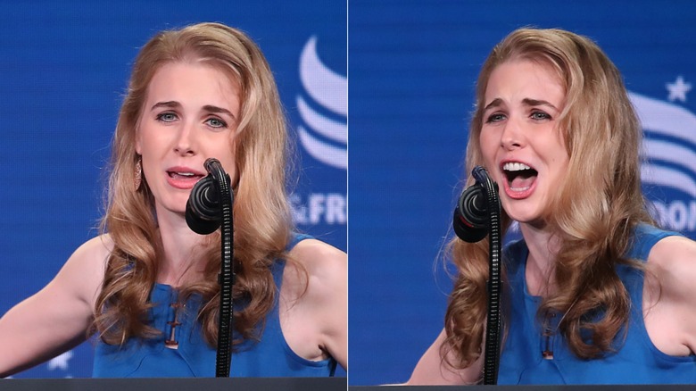 Split image of Natalie Harp speaking at a conference with dark blond hair styled with a side part.