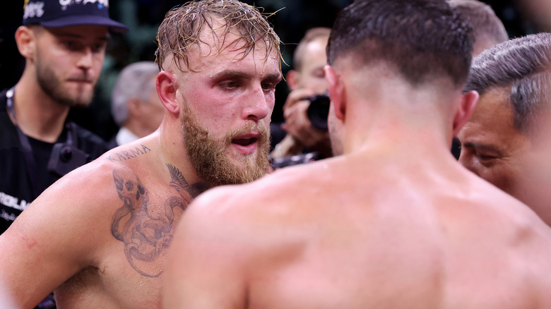 Jake Paul speaking with Tommy Fury after fight