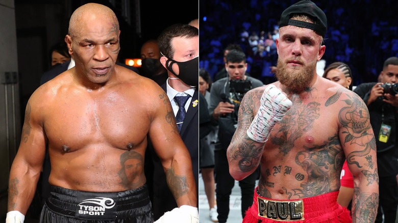 Mike Tyson, Jake Paul boxing duds split image