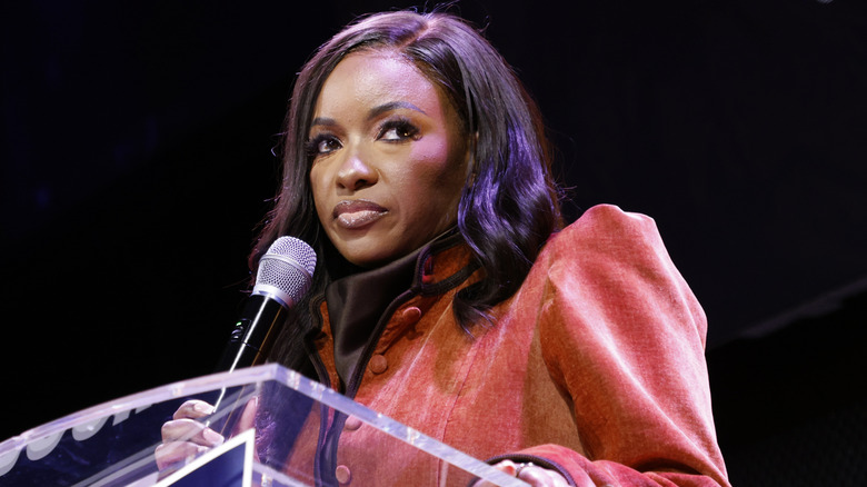 Rep. Jasmine Crockett (D-TX) speaking with supporters during her Senate Primary election night party on March 3, 2026