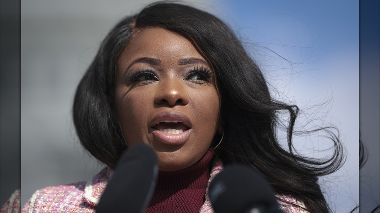 Rep. Jasmine Crockett (D-TX) speaking during a press conference outside the U.S. Capitol March 20, 2024