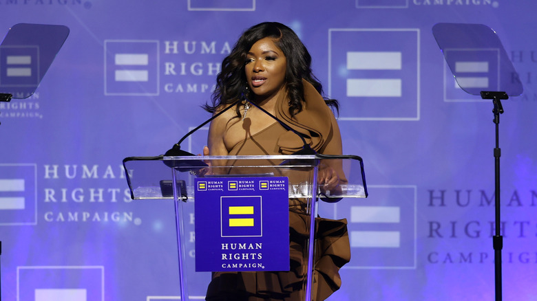 U.S. Representative Jasmine Crockett speaking onstage during Human Rights Campaign's 2025 Los Angeles Dinner at Fairmont Century Plaza