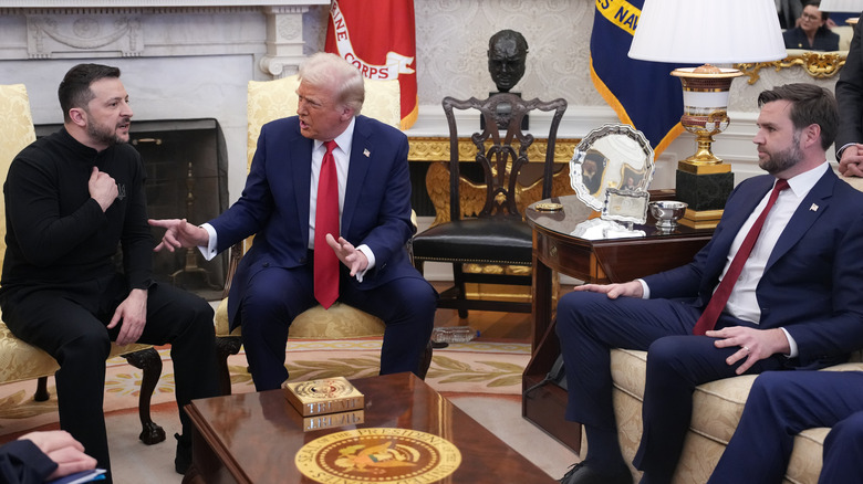 Volodymyr Zelenskyy, Donald Trump, and JD Vance speaking in the Oval Office
