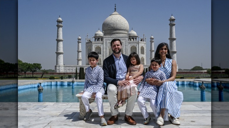 JD and Usha Vance pose with their children in front of the Taj Mahal in 2025