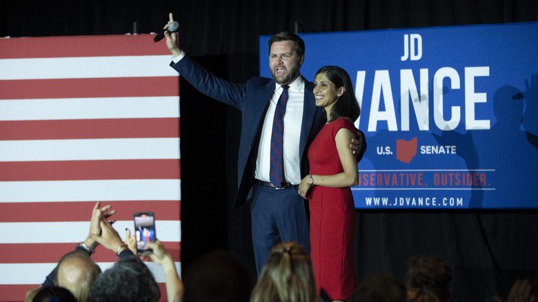 Republican U.S. Senate candidate J.D. Vance and his wife Usha Vance waving to supporters after winning the primary, at an election night event at Duke Energy Convention Center