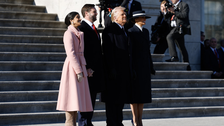 Second lady Usha Vance, U.S. Vice President J.D. Vance, U.S. President Donald Trump and first lady Melania Trump watching as former U.S. President Joe Biden departs the U.S. Capitol
