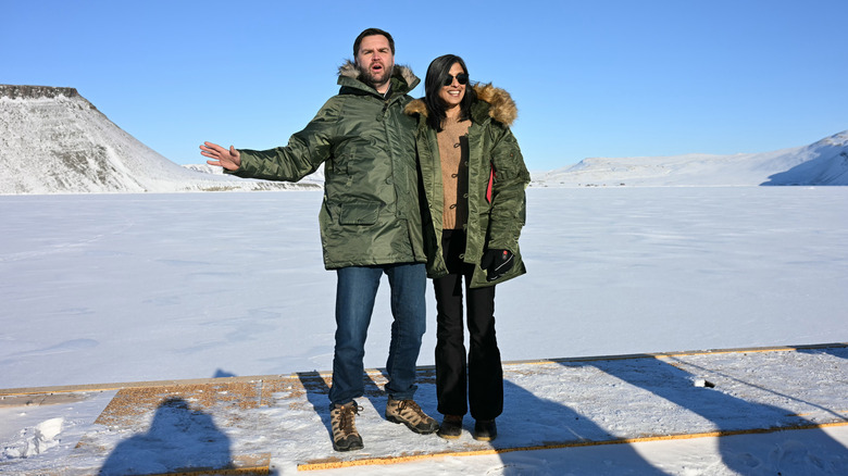 US Vice President JD Vance and Second Lady Usha Vance posing as they tour the US military's Pituffik Space Base
