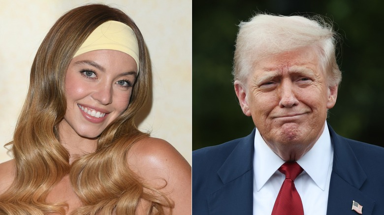 Split image of Sydney Sweeney and Donald Trump smiling