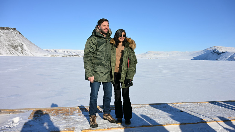 US Vice President JD Vance and Second Lady Usha Vance posing as they tour the US military's Pituffik Space Base