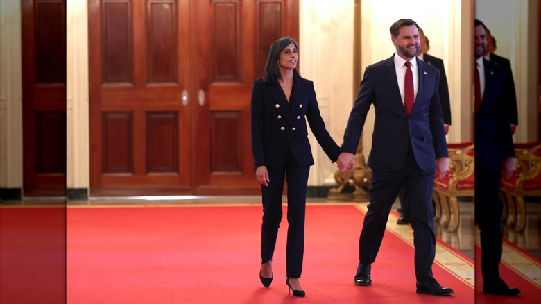 U.S. Vice President JD Vance and second lady Usha Vance arriving for the signing ceremony for the "Fostering the Future" executive order in the East Room at the White House