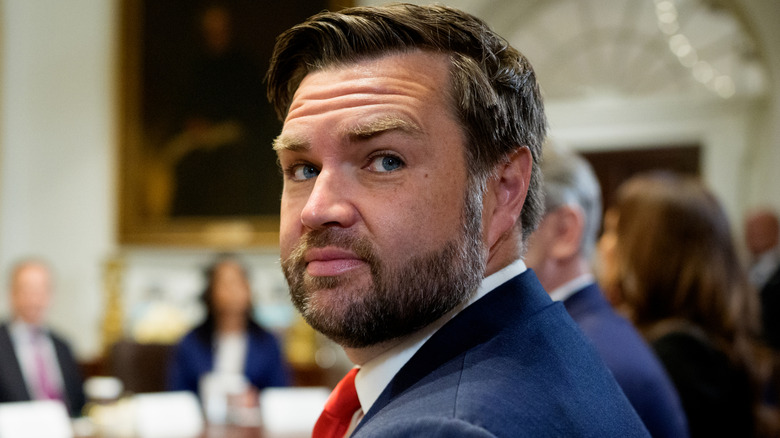 JD Vance glances over his shoulder during a cabinet meeting.
