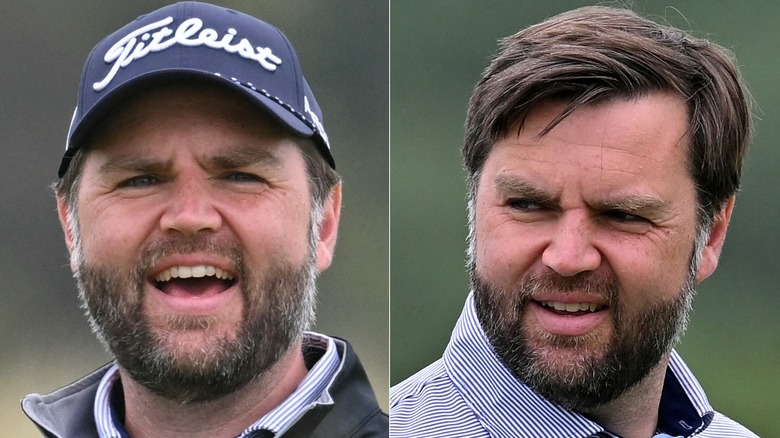 Split images of JD Vance playing golf in Scotland with hat and without hat