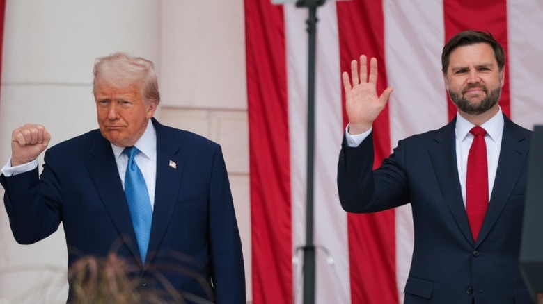 Donald Trump and JD Vance greet visitors during the Memorial Day wreath-laying ceremony in Arlington, VA (2025)