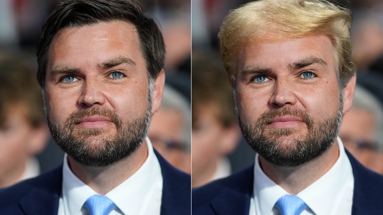Split image of JD Vance with dark, blond hair