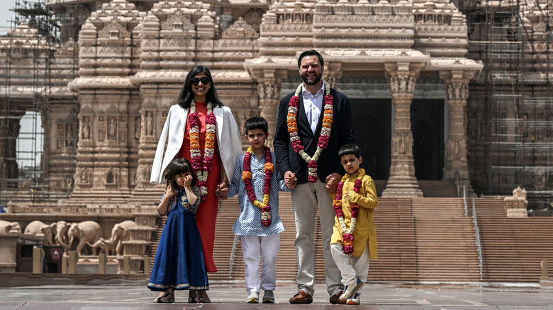 JD, Usha Usha Vance, and their children pose for a photo in front of the Akshardham Temple in 2025